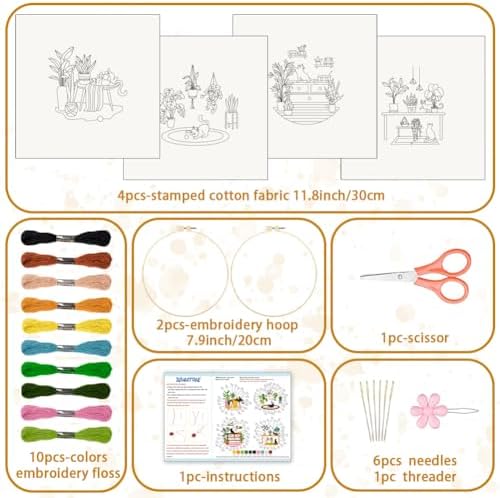 BEUNITONE Kitten Embroidery Kit for Beginenrs Hand Sewing Embroidery Kits with Cat Pattern DIY Embroidery Kit with Kitten Colourful Threads Needles Instructions - Image 2