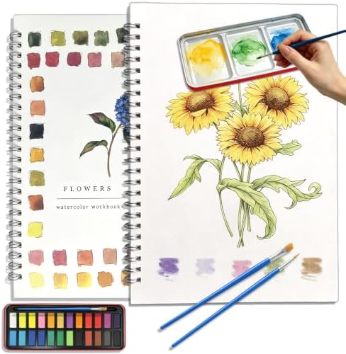Watercolor Workbook, Water Coloring Book with 12 Different Flowers Designs, 24 Colors Watercolor Paint Set for Beginners Adults by Unknown