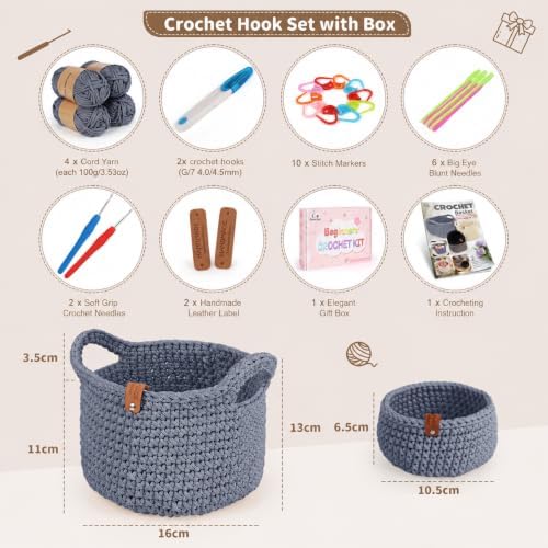 Aeelike Crochet Basket Kit for Beginners,Grey Round Basket,Gift Box Package - Image 2