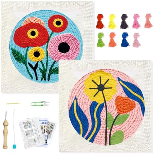 BEUNITONE 2PCS Bohemian Flower Punch Needle Kit for Adults Beginners, Complete Craft Kit Needlepoint Kits for Adults with Hoop, Punch Needle Starter Craft Set for Cloth Festival Gift and Home Decor by BEUNITONE