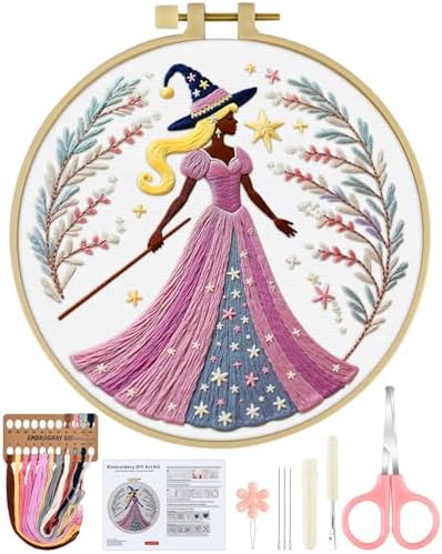 ERKOON Embroidery Kit for Beginners Adult, Cross Stitch Set Include Embroidery Cloth Hoops Threads for Craft Lover Hand Stitch with Embroidery Skill Techniques (Brown Witch) by ERKOON