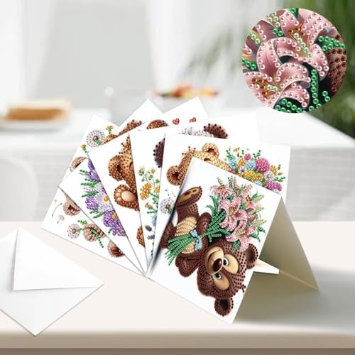 jinglinhh 12pcs Diamond Art Painting Flower Bear Greeting Cards with Envelopes, DIY Card Making Kits for Adults, Diamond Art Christmas Cards for Birthday Holiday Postcards Craft Gifts - Image 6