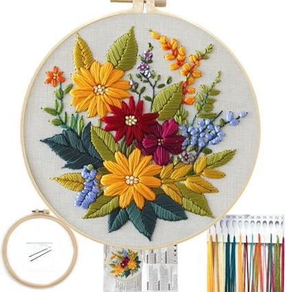 FONNUY Floral Embroidery Kit for Beginners, Colorful Flowers Pre-Stamped Pattern Kits for Adults with Hoop, Thread Needlework, 8'' Hoop (Zinnia) by FONNUY