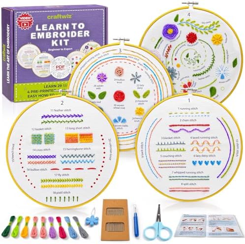 Craftwiz 4-Piece Starter Embroidery Kit for Beginners and Expert with Simple Patterns, Learn 29 Stitches with Hand Embroidery Kit by ImagineCreateInspire
