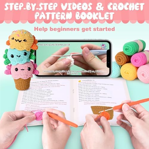Crochetta Crochet Kit for Beginners, Crochet Starter Kit w Step-by-Step Video Tutorials, Beginner Crochet Kit for Adults Kids Women Men Complete Kit Included (Ice Cream Axolotls) - Image 3
