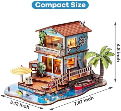 3D Wooden Puzzle Seaside Cottage DIY Miniature Building Kit with LED Lights - Wooden Beach Vacation Craft Model Rural Coastal Home Décor for Adults - Image 7