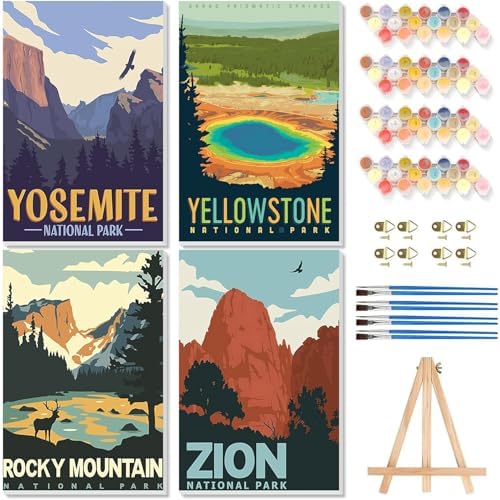 4 Pack Paint by Numbers Kit for Adults - Wooden Easel, National Park Paint by Numbers with Frame, Landscape Adult Painting by Number Kits on Canvas, Easy Oil Painting Arts Gift Wall Decor 8x12inch by cviokrdu