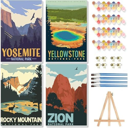 4 Pack Paint by Numbers Kit for Adults - Wooden Easel, National Park Paint by Numbers with Frame, Landscape Adult Painting by Number Kits on Canvas, Easy Oil Painting Arts Gift Wall Decor 8x12inch by cviokrdu
