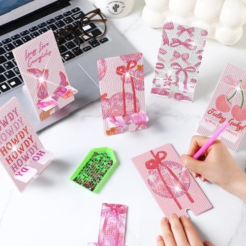Saillong 6 Pcs Pink Bow Diamond Art Phone Stand, Full Drill DIY Holder - Image 3