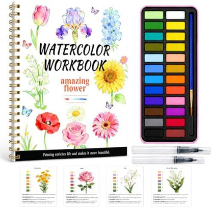 Watercolor Workbook - Water Coloring Book Set for Adults. 14 Beautiful Flower Designs Water Colors Book, 24-Color Watercolor Paint, 3 Brush Pens, 300g Watercolor Paper, Friendly for Beginners by Unknown