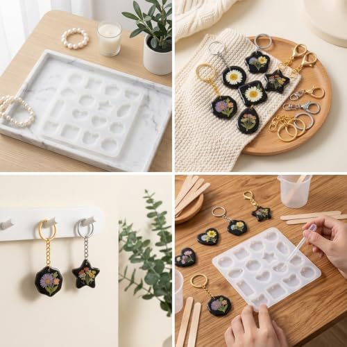16 pcs Resin Keychain Molds Silicone with Hole kit, Cavities Epoxy Resin Molds Silicone Jewelry Keychain Making Kit with 20 Keychain Rings, Molds for Epoxy Resin DIY Craft Starter Set for Beginners - Image 2