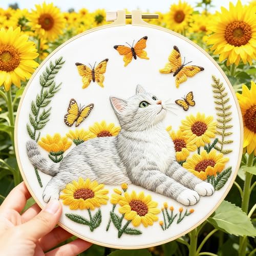BEUNITONE 4 Set Embroidery Kit for Beginners, Cat and Butterfly Pre-Stamped Pattern Needlepoint Kits for Adults with Hoop and Instruction, Cute Hand Embroidery Patterns for Cloth and Home Decor - Image 5