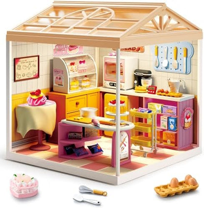 Bakery Shop DIY Miniature House Kit with Roof & LED Light, Stackable & Connectable Dollhouse Kit with Dustproof Door, Creative DIY Crafts Building Toy Gift for Adults Teens by Unknown