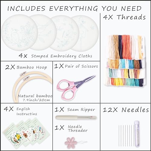 Bonroy 4 Sets Embroidery Set for Beginners, Art Craft, Easy Sewing, Includes Embroidery Clothing, Pattern, Embroidery Hoop, Instruction Manual, Colorful Thread Needles Set (6 Pieces) - Image 2