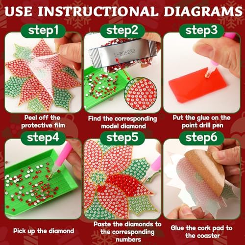UPINS 8Pcs Christmas Diamond Art Painting Coaster Kit, Poinsettia Coaster Christmas Red Flower Coasters with Holder for Xms DIY Crafts Gifts Holiday Home Kitchen Table Decor - Image 7