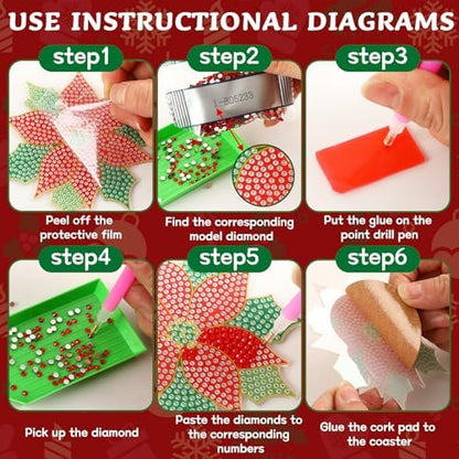 UPINS 8Pcs Christmas Diamond Art Painting Coaster Kit, Poinsettia Coaster Christmas Red Flower Coasters with Holder for Xms DIY Crafts Gifts Holiday Home Kitchen Table Decor - Image 7