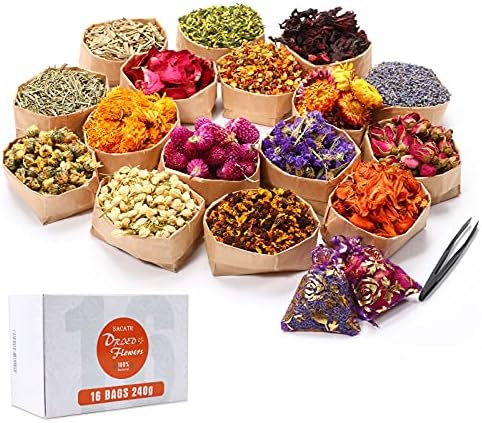 15g/Bag Dried Flowers,100% Natural Dried Flowers Herbs Kit for Soap Making, DIY Candle Making,Bath - Include Rose Petals,Lavender,Don't Forget Me,Lilium,Jasmine,Rosebudsand More(16 Bags) by SACATR