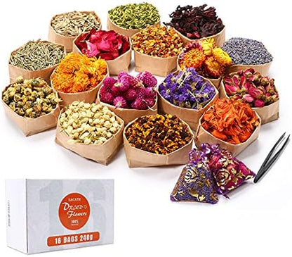 15g/Bag Dried Flowers,100% Natural Dried Flowers Herbs Kit for Soap Making, DIY Candle Making,Bath - Include Rose Petals,Lavender,Don't Forget Me,Lilium,Jasmine,Rosebudsand More(16 Bags) by SACATR