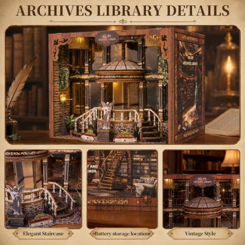 Archives Library Book Nook Kit with LED Light, DIY Miniature House Kit - Image 4