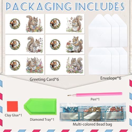 AiYuanzsh 6 Pack Diamond Painting Greeting Cards with Envelopes, DIY 5D Diamond Art Card Kit Featuring Cute Squirrels, 30x15cm Handmade Rhinestone Cards Crafts for Greetings and Seasonal Wishes - Image 3