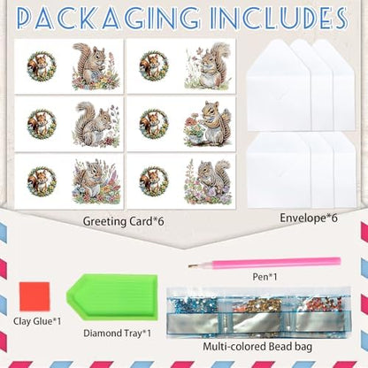 AiYuanzsh 6 Pack Diamond Painting Greeting Cards with Envelopes, DIY 5D Diamond Art Card Kit Featuring Cute Squirrels, 30x15cm Handmade Rhinestone Cards Crafts for Greetings and Seasonal Wishes - Image 3