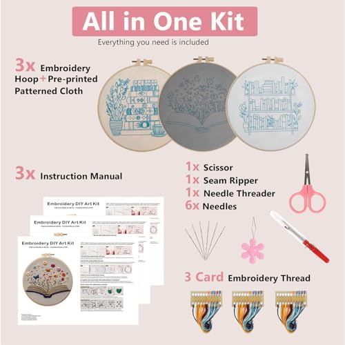 Embroidery Kit for Adults, Pre-Stamped Pattern Embroidery Kit for Beginners, Needlepoint Starter Kit with Hoop Thread Needle Instruction, 7.9'' Hoop (Book Lover 3 Packs) - Image 3