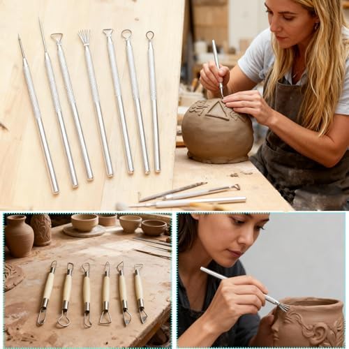14 PCS Clay Pottery Sculpting Tools Set, Pottery Trimming Tools,Carving Art Polymer Clay Tools,with Needle Detail Tool and Feather Wire Texture for Ceramic Wax Carving - Image 3