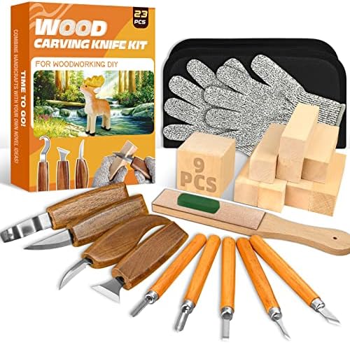 Wood Carving Kit, 23pcs Wood Carving Tools with 4 Wood Carving Knives 5 Detail Knives 9 Blocks, Whittling Kit DIY Hobbies for Adults by KKERNOWO