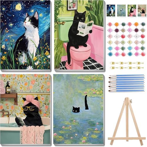 4 Pack Black Cat Paint by Numbers Kit for Adults Beginner with Framed by NEGEKFKX