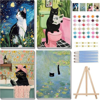 4 Pack Black Cat Paint by Numbers Kit for Adults Beginner with Framed by NEGEKFKX