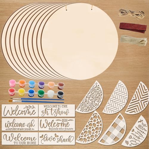 12 Inch Wood Circles for Crafts, 10Pcs Unfinished Wood Rounds with 12Pcs Welcome Stencils & Painting, DIY Wooden Crafts for Door Hanger, Wood Burning, Painting, Gifts for Independence Day Home Decor by Brmeday