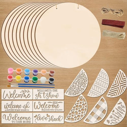 12 Inch Wood Circles for Crafts, 10Pcs Unfinished Wood Rounds with 12Pcs Welcome Stencils & Painting, DIY Wooden Crafts for Door Hanger, Wood Burning, Painting, Gifts for Independence Day Home Decor by Brmeday