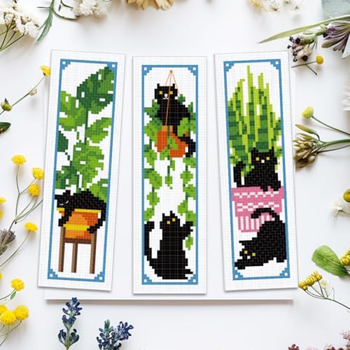 ACRNIGHEET 6PCS Cross Stitch Bookmark Kits Cute Cat and Plants Pattern Stamped Cross Stitch Kits for Beginners Adults DIY Stamped Embroidery Bookmarks with Instructions Hand Embroidery Craft Gift 11CT - Image 5