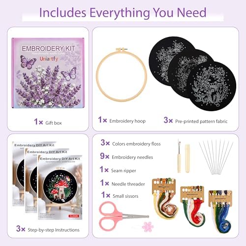 Uniartfy 3 Sets Embroidery Kit for Adults Beginners, Needlepoint Kits Cross Stitch, Hand Embroidery Starter Kit with Mushroom Stamped Patterns, Hoop, Tools, Colorful Threads with Needles, Instructions - Image 2