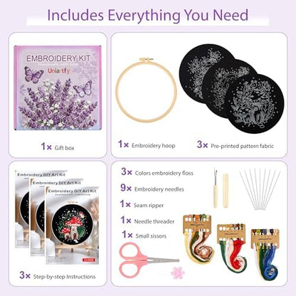 Uniartfy 3 Sets Embroidery Kit for Adults Beginners, Needlepoint Kits Cross Stitch, Hand Embroidery Starter Kit with Mushroom Stamped Patterns, Hoop, Tools, Colorful Threads with Needles, Instructions - Image 2