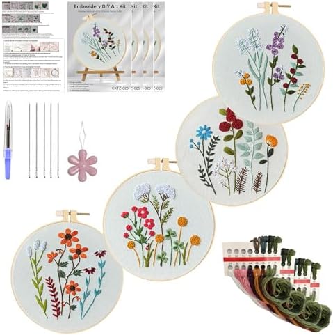 Huacan Embroidery Kits for Adults Beginner - 4 Pcs Floral Pattern Stitching Printed Bouquet DIY Sewing Kit 7.9 x 7.9 Inch (Bouquet 3) by Home