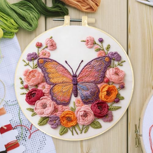 FRANDEK DIY Rose Butterfly Stamped Embroidery Kit with Hoop for Adults - Image 3