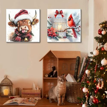 VIGEGU 4 Pack Christmas Paint by Numbers Kit for Adults with Framed,Cow Horse Deer Cardinal Lantern House Paint by Number DIY Adult Paint by Number Kits for Wall Decor 10x10in - Image 3
