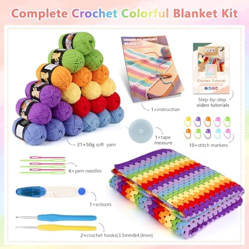 Reessy Crochet Blanket Kit for Beginners, Easy Crochet Kit for Beginners Adults & Kids with Step-by-Step Video Instructions, 43pcs Colorful Rainbow Stripe Learn to Knit Kits for Beginner - Image 3