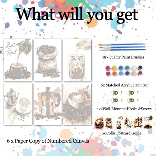 6 Pack Coffee Paint by Numbers Kit for Adults Beginners, Vintage Adult Paint by Number Kits on Canvas, Easy DIY Acrylic Oil Number Painting Kits for Gift, 8x12 Inches for Home Decor (Frameless)` - Image 4