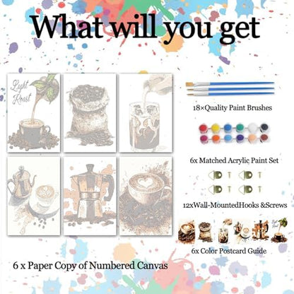 6 Pack Coffee Paint by Numbers Kit for Adults Beginners, Vintage Adult Paint by Number Kits on Canvas, Easy DIY Acrylic Oil Number Painting Kits for Gift, 8x12 Inches for Home Decor (Frameless)` - Image 4