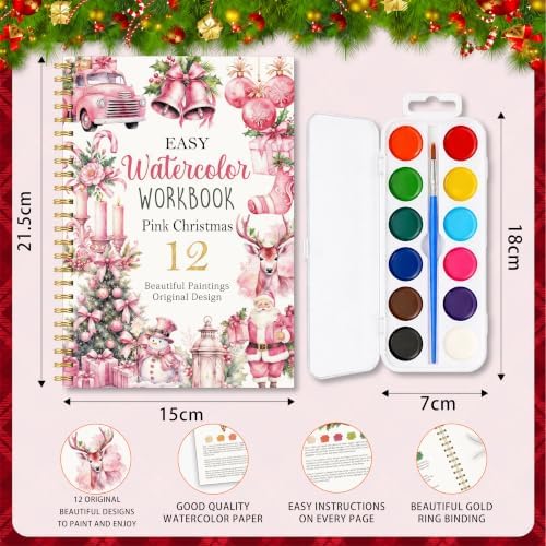 Christmas Gift, Pink Christmas Watercolor Workbook, Water Coloring Book with Pink Xmas Designs, 12 Beautiful Xmas Paintings Designs, Watercolor Book Set with Palette and Brush, Relaxing Art Beginners - Image 2