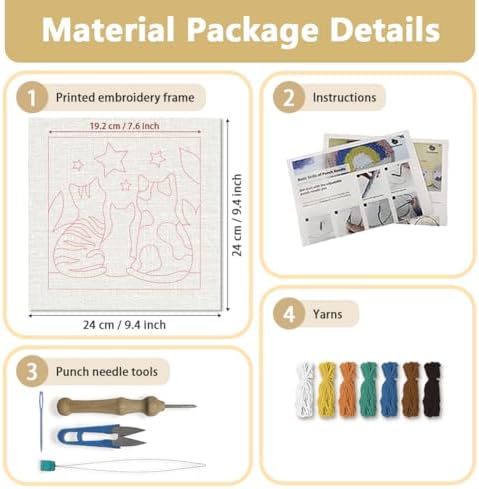 DOODLREAM Cats Stars DIY Punch Needle Embroidery Kit for Adult Beginner, 9.4" Kitten Animal Punch Stitching Craft Set for Starter with Frame,Fabric Pattern,Threader, Yarn, Pinch Needle - Image 2