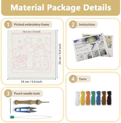 DOODLREAM Cats Stars DIY Punch Needle Embroidery Kit for Adult Beginner, 9.4" Kitten Animal Punch Stitching Craft Set for Starter with Frame,Fabric Pattern,Threader, Yarn, Pinch Needle - Image 2