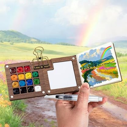 Tobeno1 Mini Watercolor Paint Set, Wooden Mini Portable Paint Palette Travel Kit, with Paint, Brush, Sketchbook & Copper Clip, for Beginners, Artists & Painting Enthusiasts (1 Set) - Image 2