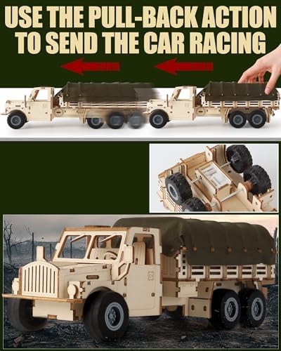 Military Truck 3D Wooden Puzzles for Adults to Build, DIY Assembly Building Toys with Pull Back Action, 118pcs Car Model Building Kits with Removable Cover, Creative Gift for Teens and Men - Image 3