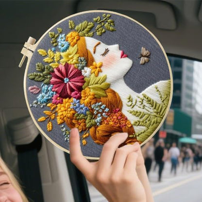 FONNUY Floral Women Embroidery Kit for Beginners, Colorful Long Hair Girl Pre-Stamped Pattern Kits for Adults with Hoop, Thread Needlework, 8'' Hoop (Gold) - Image 6