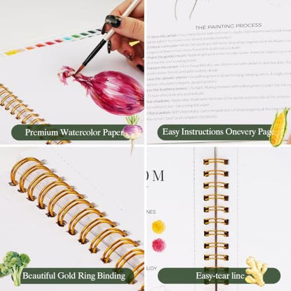 Watercolor Workbook for Beginners,18 Rich Vegetables Water Coloring Book,Relaxing & Easy to Paint Water Coloring Book with 24 Colors-Perfect for Gifting to Creativity & Joy for Adults - Image 4