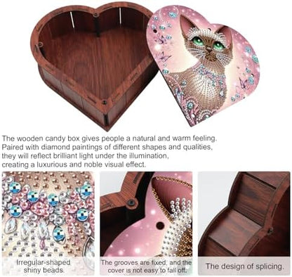 DIY Diamond Painting Storage Box Kit, Wooden Special Shaped Diamond Art Organizer with Siamese Cat, Decorative Rings Necklace Gift Case for Women, for Valentine's Day Dresser Desktop Decor - Image 4