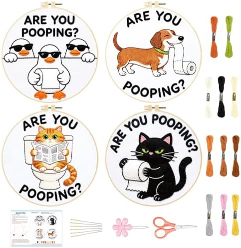 BEUNITONE 4 Pack Beginner Embroidery Kit for Adults, Funny Animal Pre-Stamped Pattern Needlepoint Kits with Hoop, Tools & Instruction, 7.9"x7.9" Hand Embroidery Kits for Fabric and Home Decor by BEUNITONE